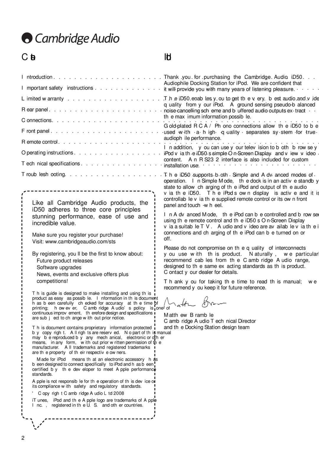 Cambridge Audio iD50 user manual ContentsIntroduction 