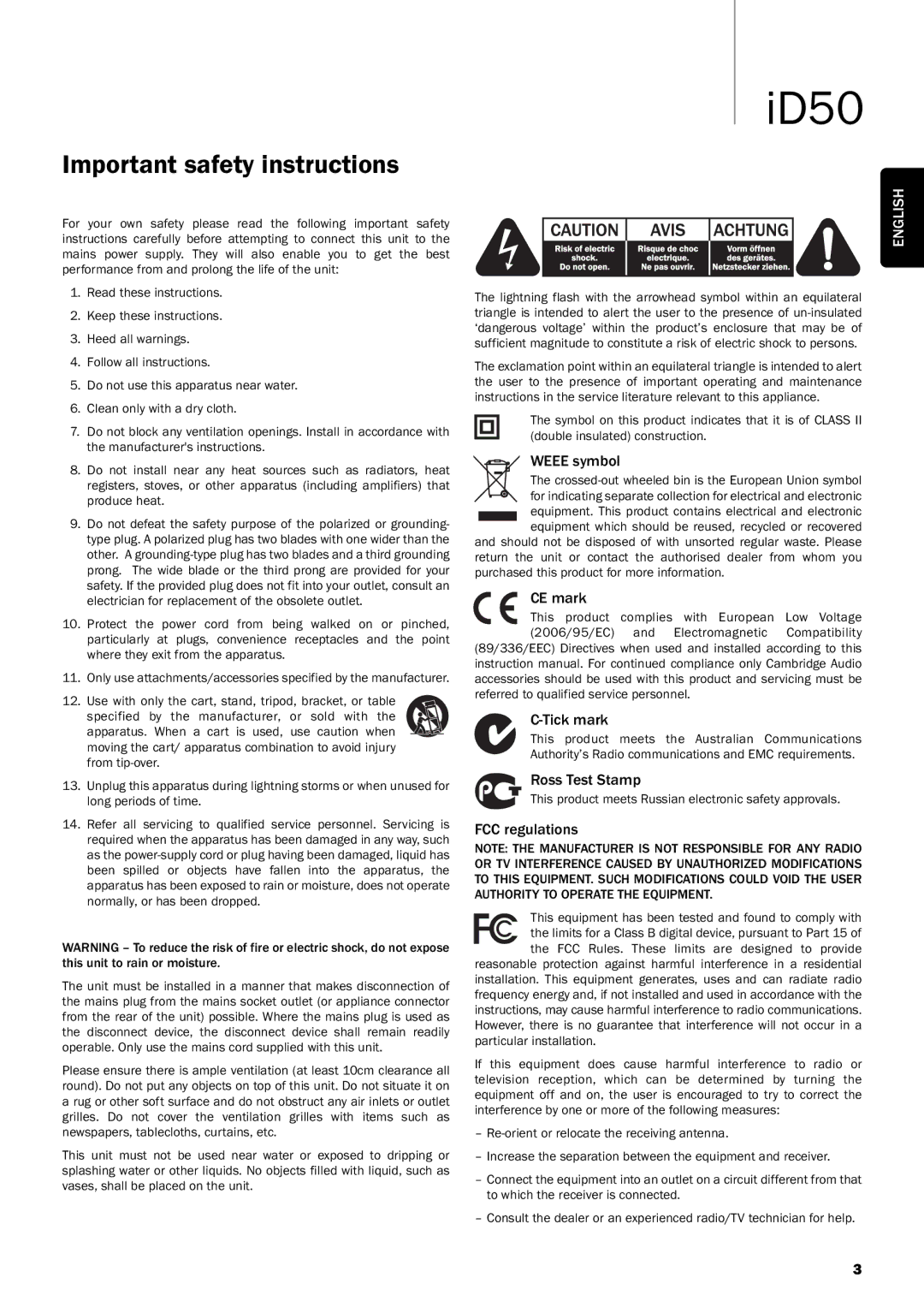 Cambridge Audio iD50 user manual ID50, Important safety instructions 