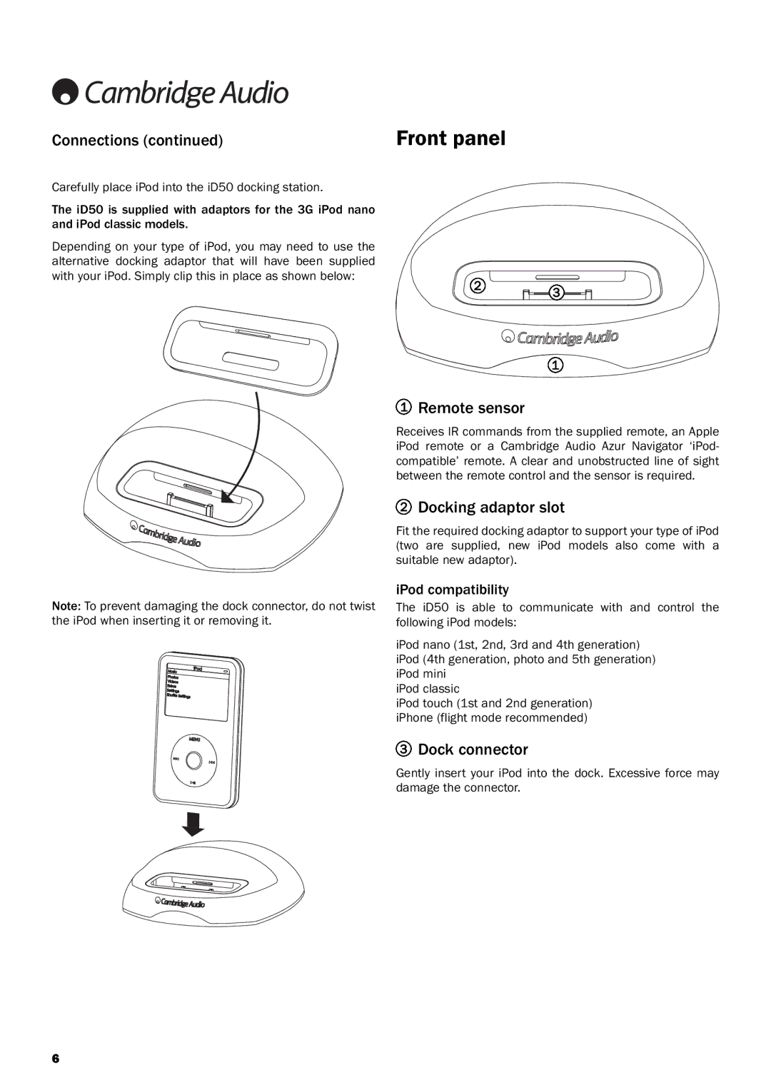 Cambridge Audio iD50 user manual Front panel, Connections, Remote sensor, Docking adaptor slot, Dock connector 