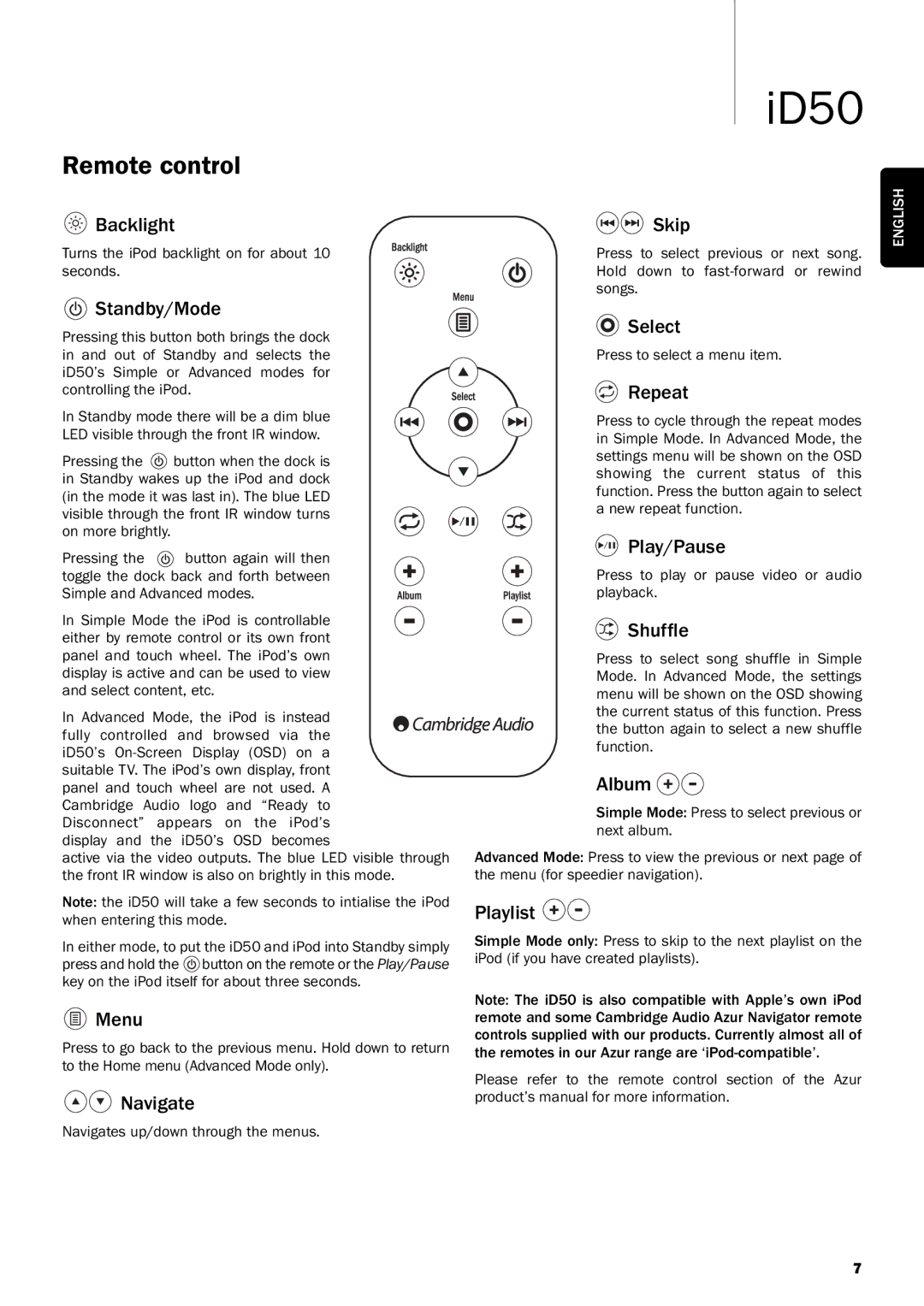 Cambridge Audio iD50 user manual Remote control 