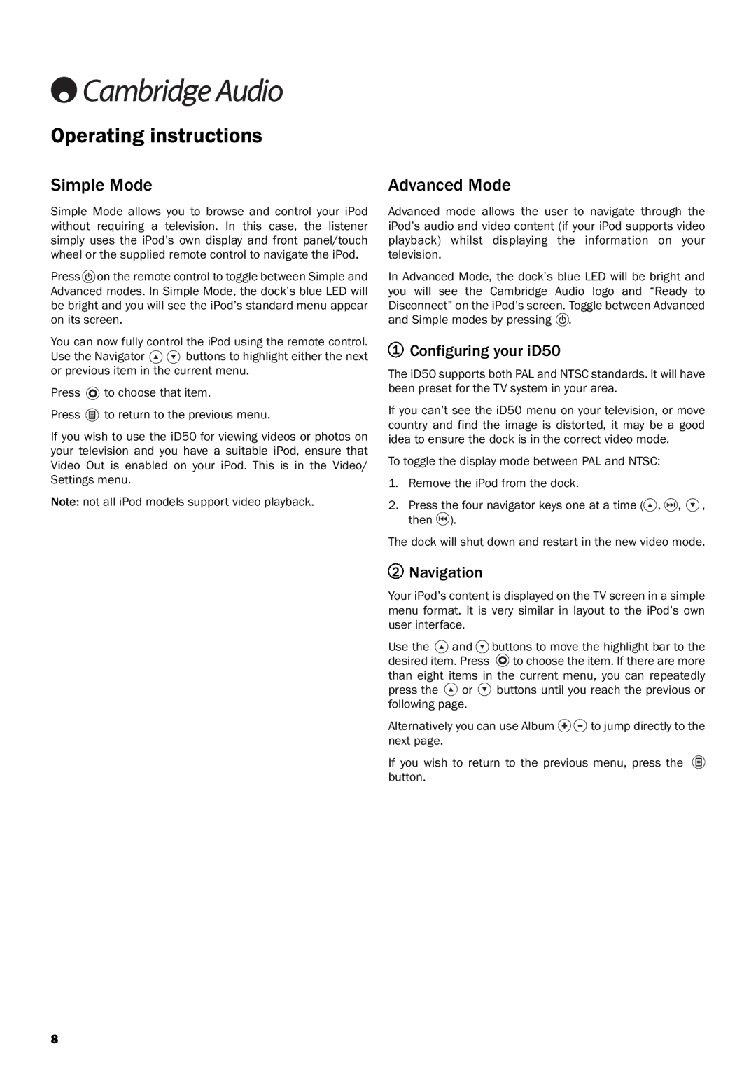 Cambridge Audio user manual Operating instructions, Configuring your iD50, Navigation 