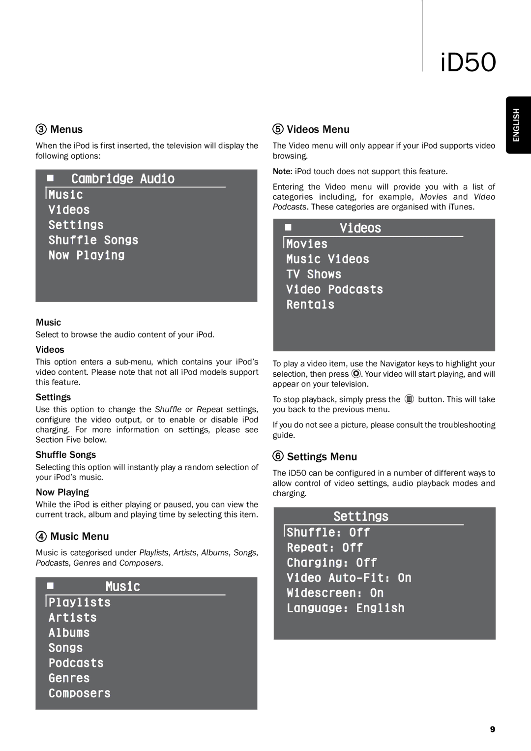 Cambridge Audio iD50 user manual Menus, Music Menu, Videos Menu, Settings Menu 