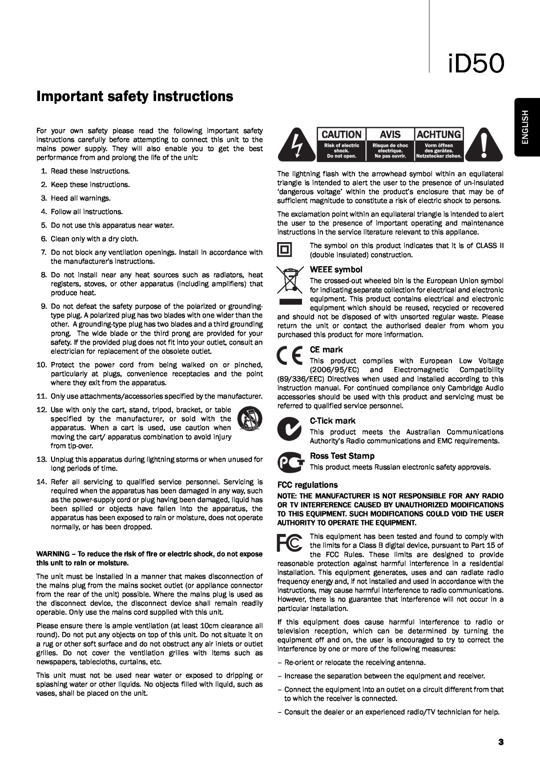 Cambridge Audio iD50 user manual Important safety instructions, English 