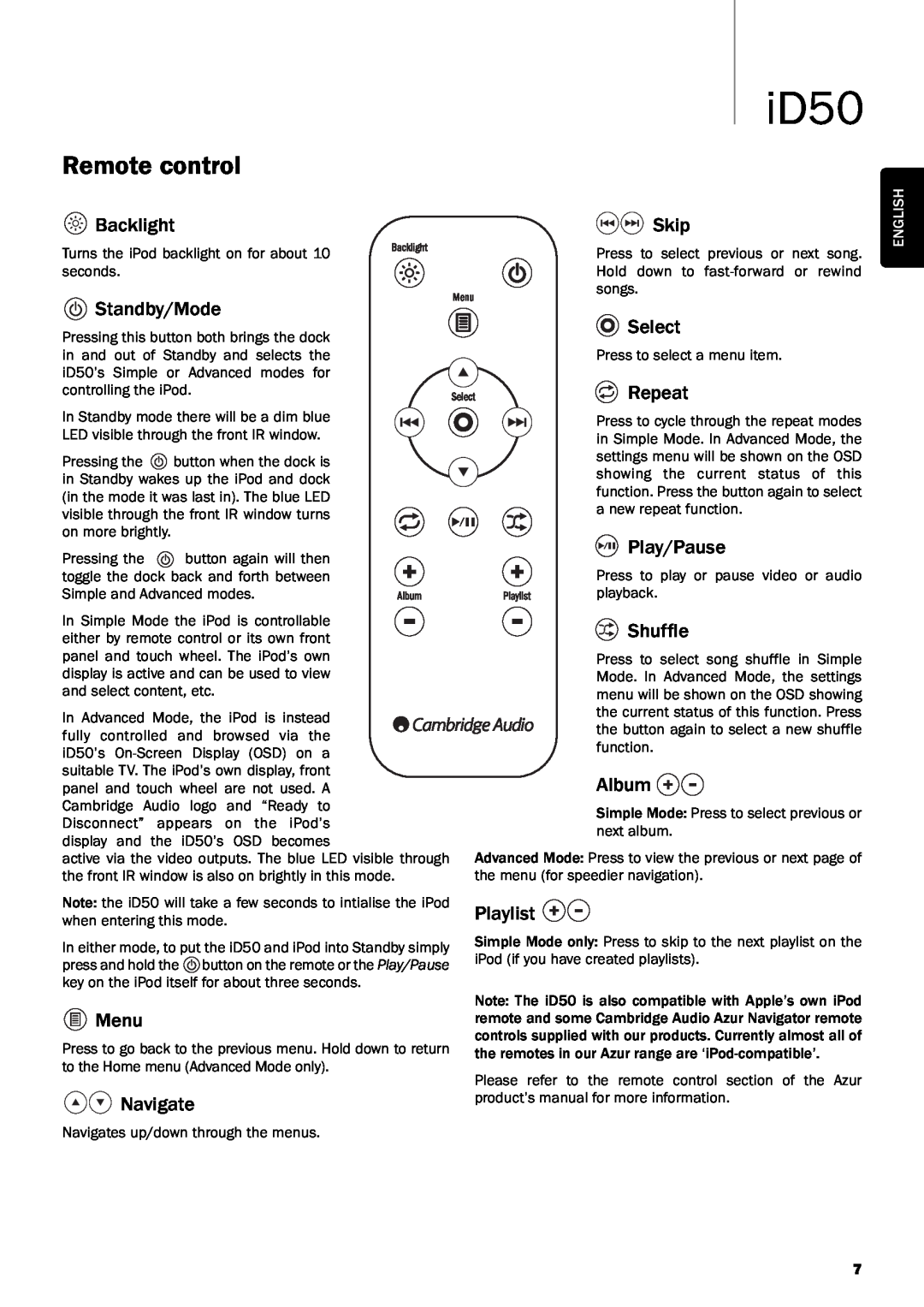 Cambridge Audio iD50 user manual Remote control 