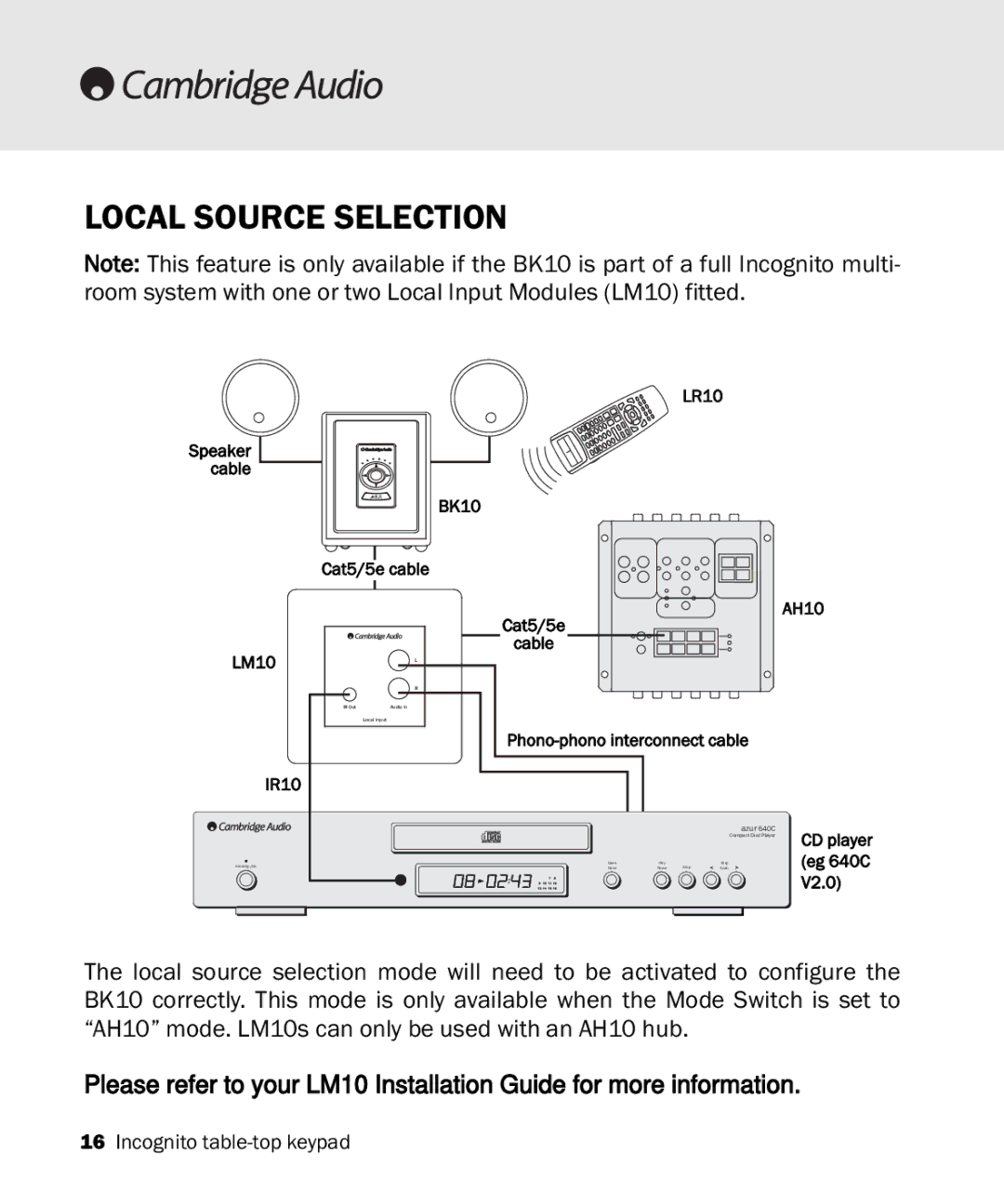 Cambridge Audio Incognito BK10 manual Local Source Selection, IR10 