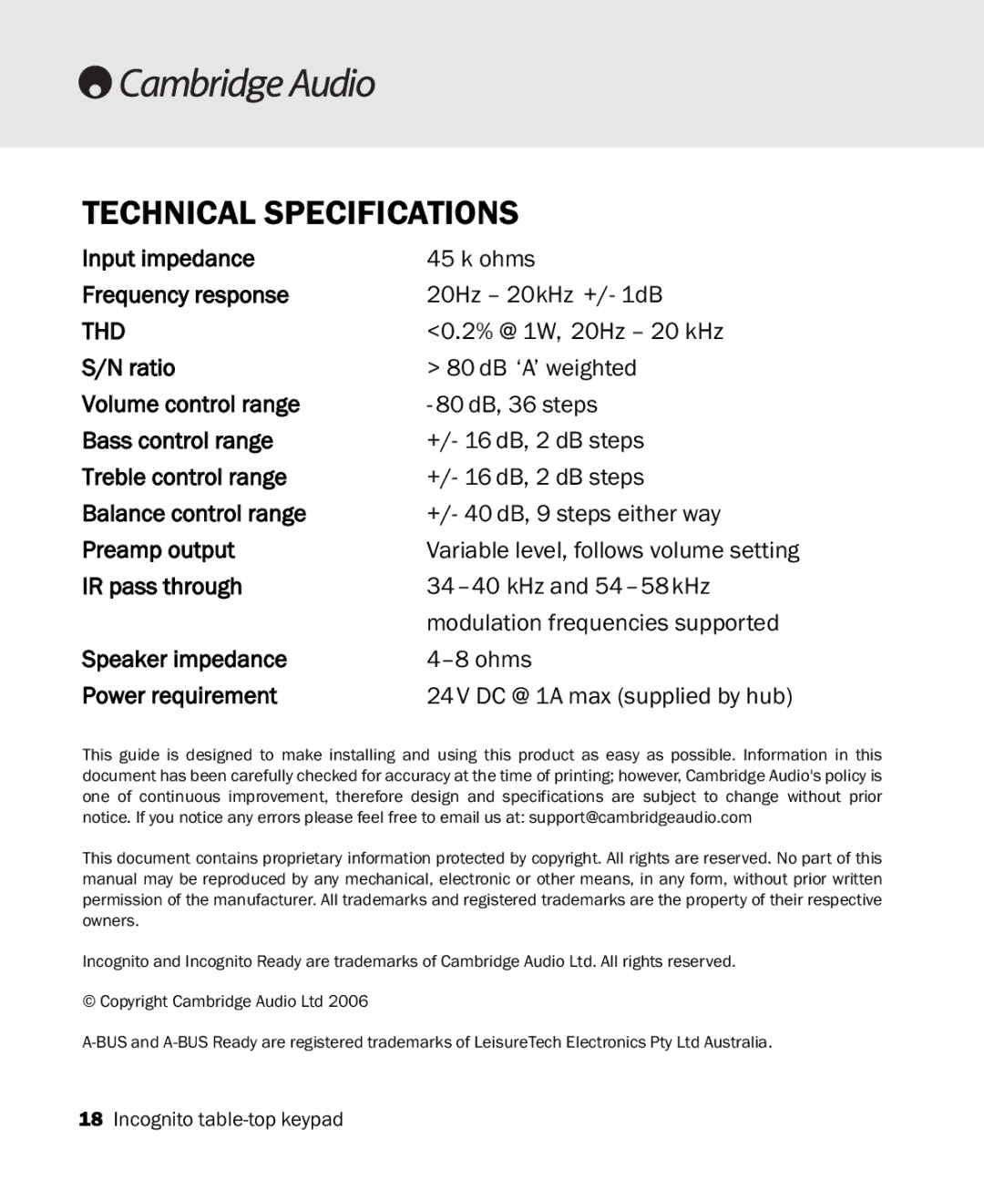 Cambridge Audio Incognito BK10 manual Technical Specifications, Thd 