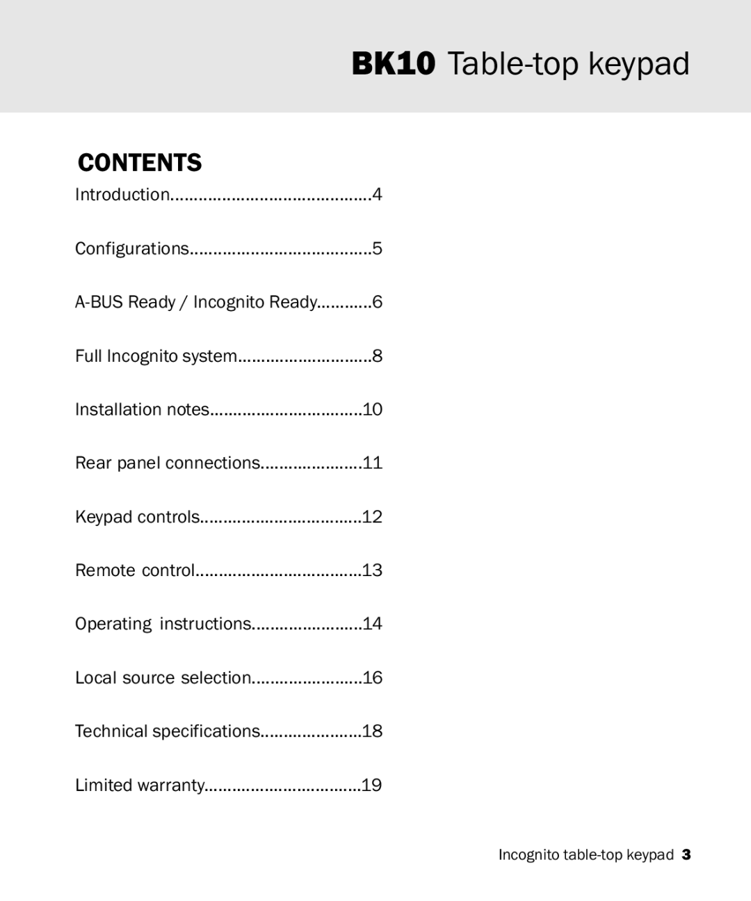 Cambridge Audio Incognito BK10 manual BK10 Table-top keypad, Contents 