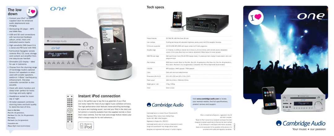 Cambridge Audio iPod Docking System dimensions Low down, Instant iPod connection 