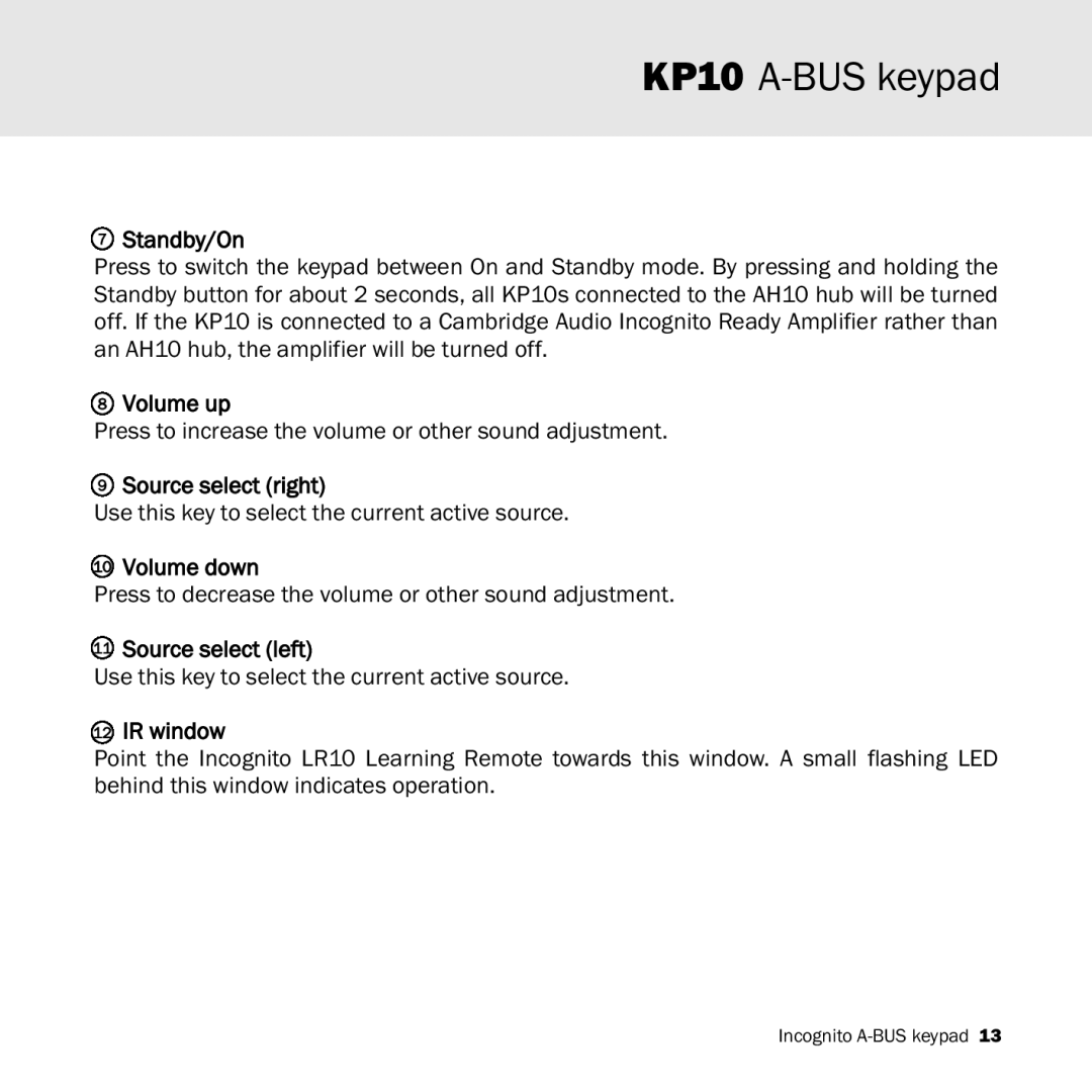 Cambridge Audio KP10 manual Volume up 