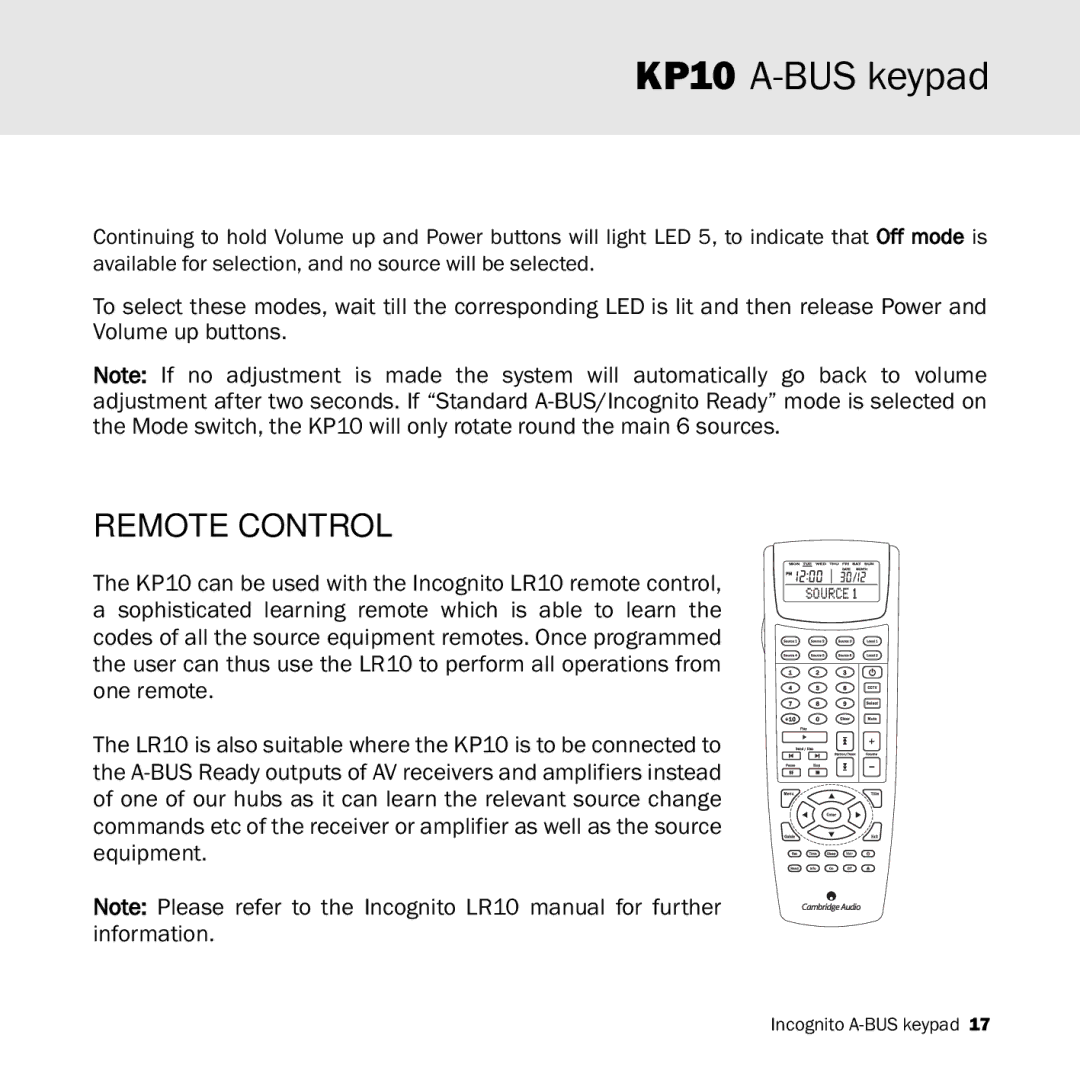 Cambridge Audio KP10 manual Remote Control 