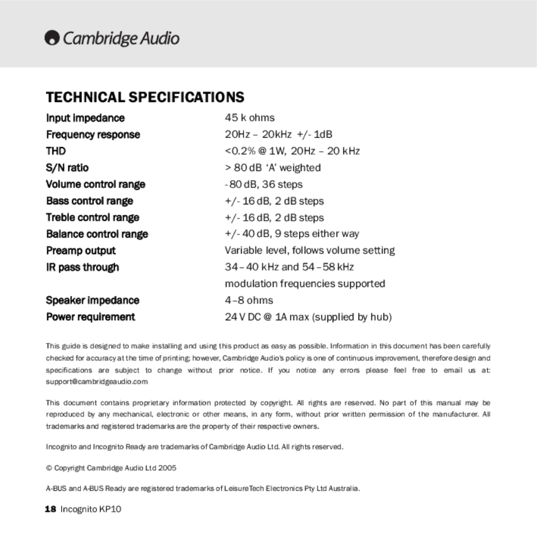 Cambridge Audio KP10 manual Technical Specifications, Thd 