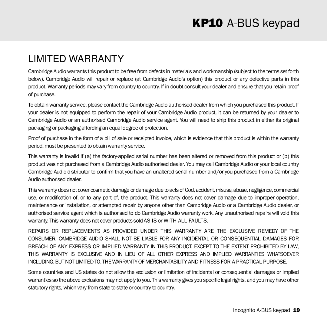 Cambridge Audio KP10 manual Limited Warranty 