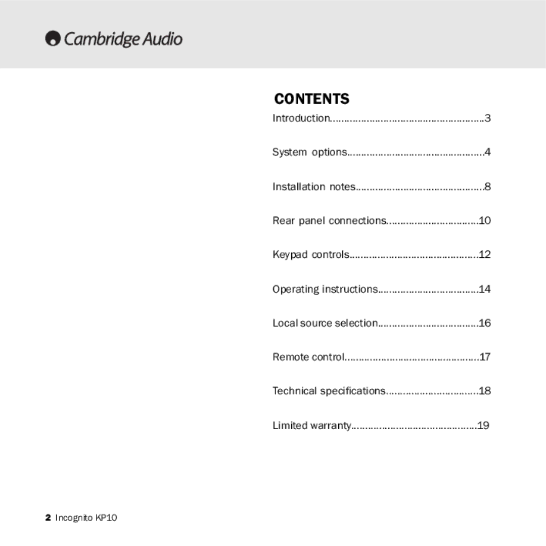 Cambridge Audio KP10 manual Contents 