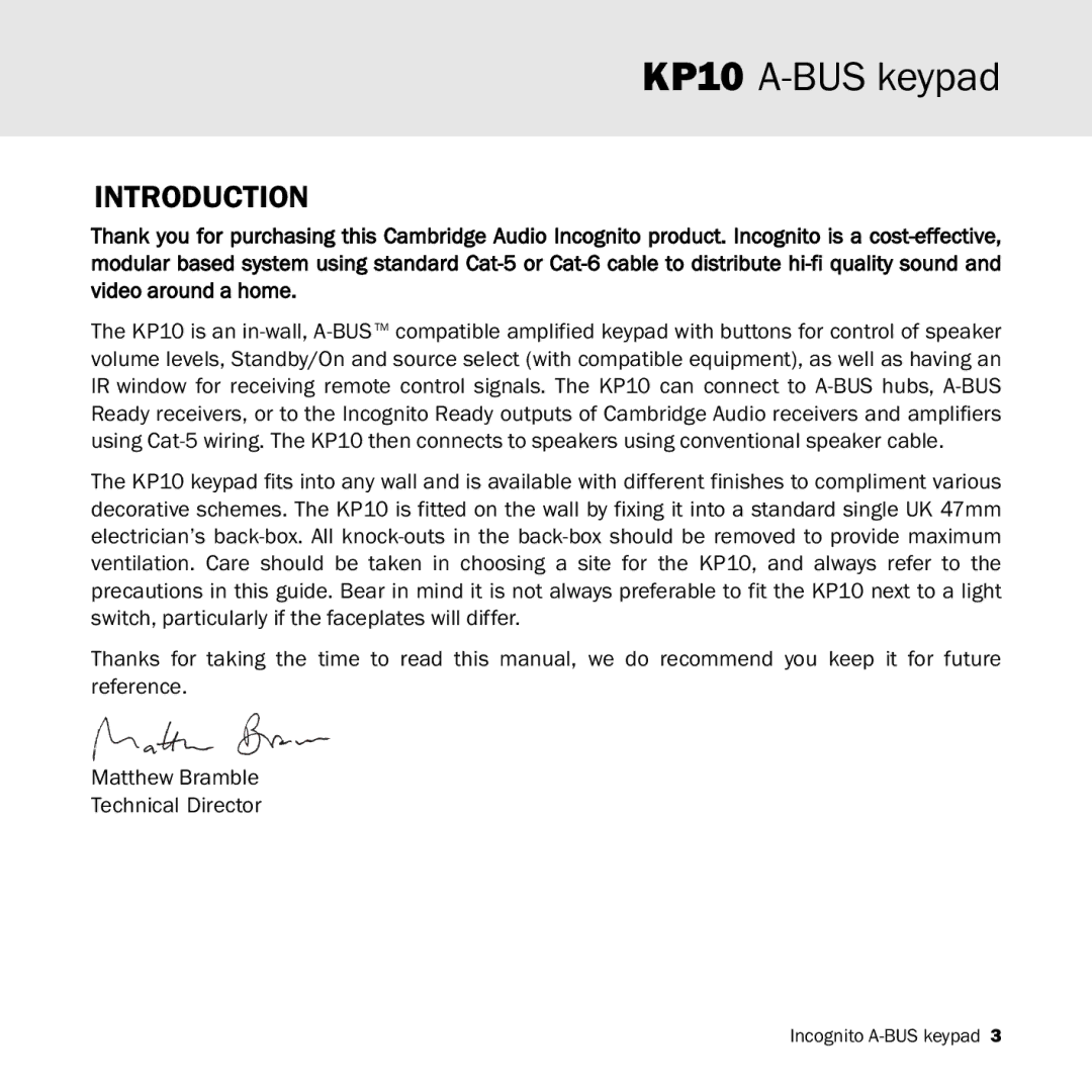 Cambridge Audio manual KP10 A-BUS keypad, Introduction 