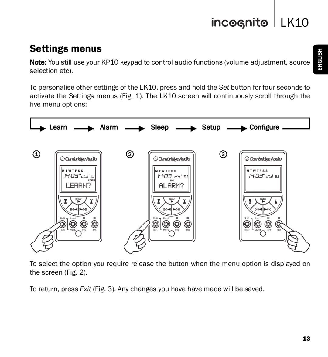 Cambridge Audio LK10 manual Settings menus, Learn Alarm Sleep Setup Configure 