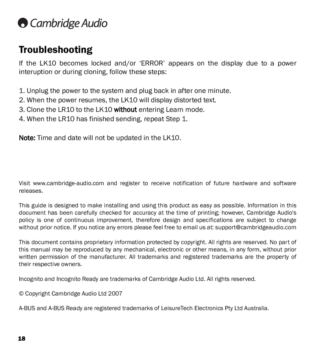 Cambridge Audio LK10 manual Troubleshooting 