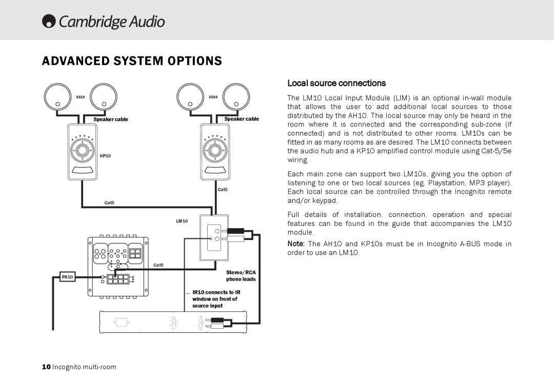 Cambridge Audio Multi-room speaker system manual Advanced System Options, Local source connections 