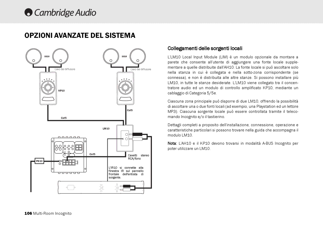 Cambridge Audio Multi-room speaker system manual Opzioni Avanzate DEL Sistema, Collegamenti delle sorgenti locali 