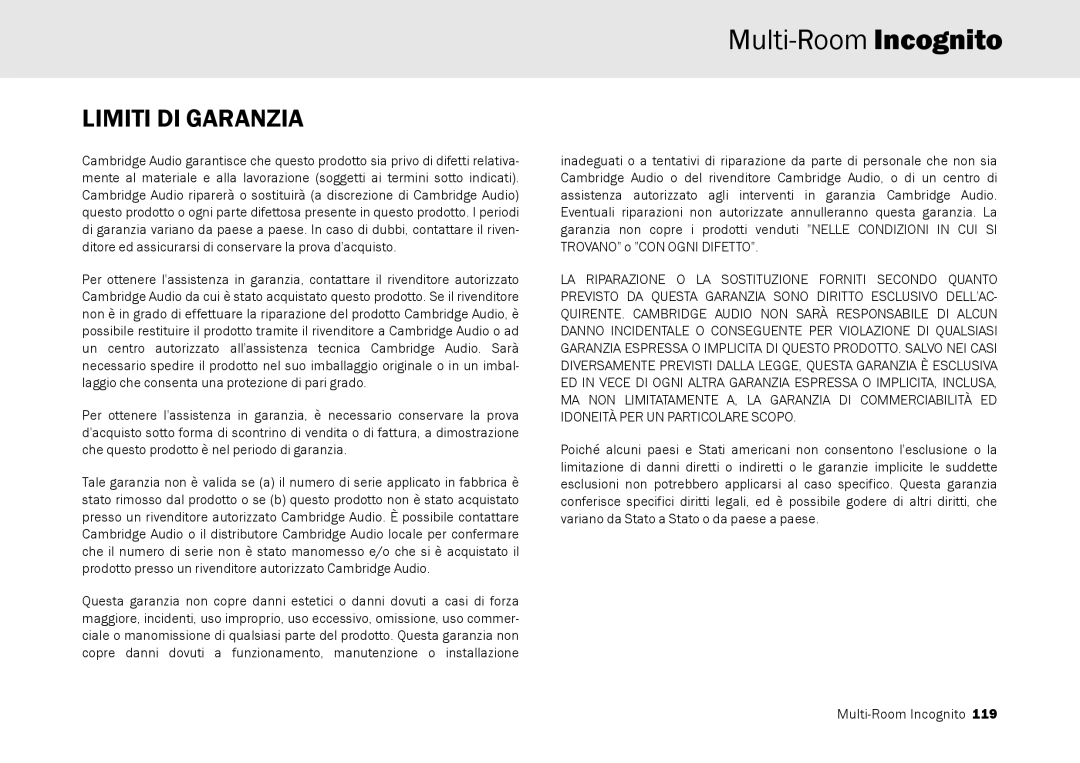 Cambridge Audio Multi-room speaker system manual Limiti DI Garanzia 