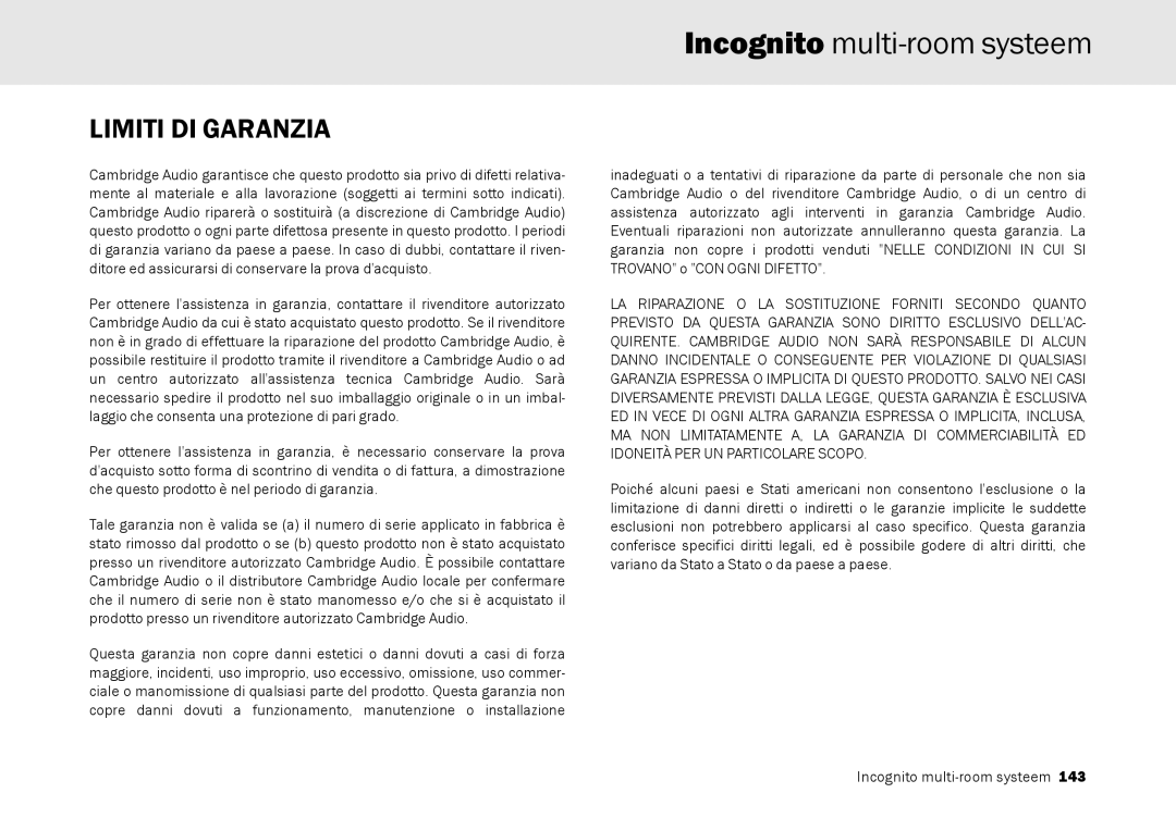 Cambridge Audio Multi-room speaker system manual Limiti DI Garanzia 