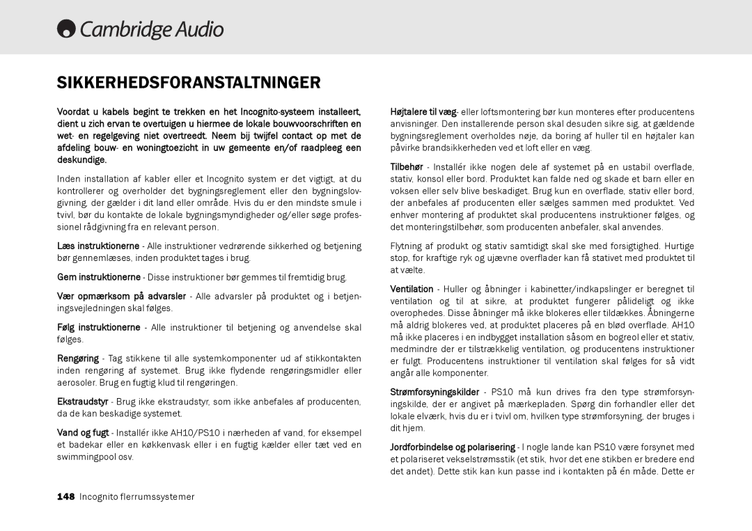 Cambridge Audio Multi-room speaker system manual Sikkerhedsforanstaltninger 