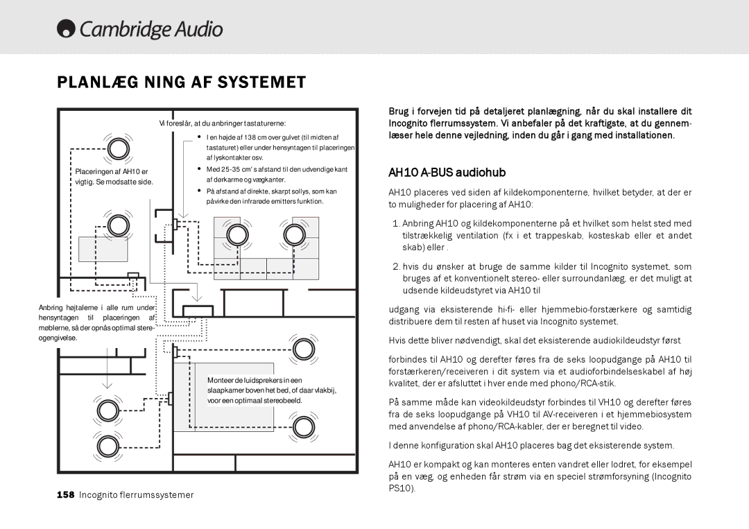 Cambridge Audio Multi-room speaker system manual Planlæg Ning AF Systemet, AH10 A-BUS audiohub 