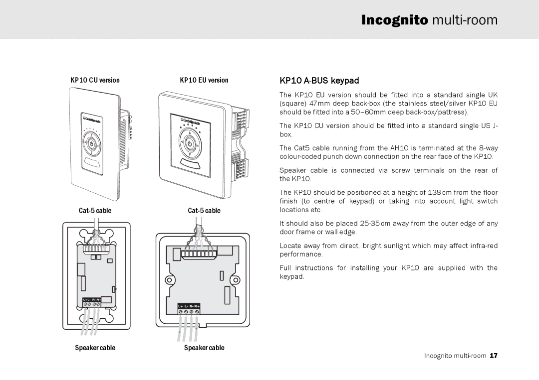 Cambridge Audio Multi-room speaker system manual KP10 CU version KP10 EU version Cat-5 cable Speaker cable 