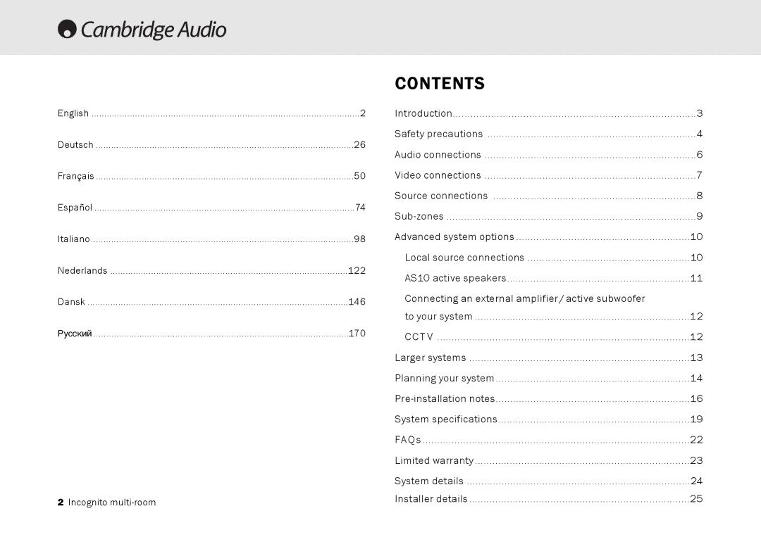 Cambridge Audio Multi-room speaker system manual Contents 