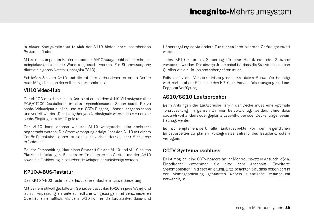 Cambridge Audio Multi-room speaker system manual VH10 Video-Hub, KP10-A-BUS-Tastatur, AS10/SS10 Lautsprecher 