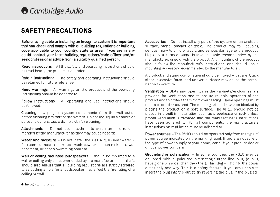 Cambridge Audio Multi-room speaker system manual Safety Precautions 