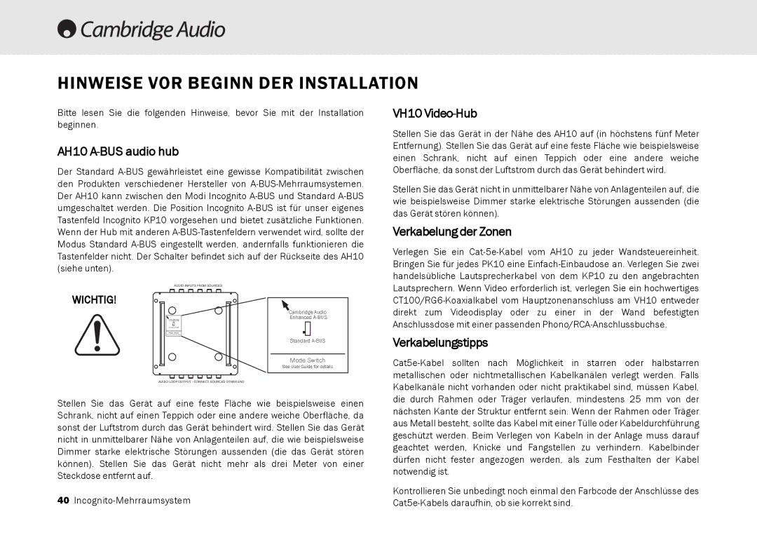 Cambridge Audio Multi-room speaker system Hinweise VOR Beginn DER Installation, Verkabelung der Zonen, Verkabelungstipps 