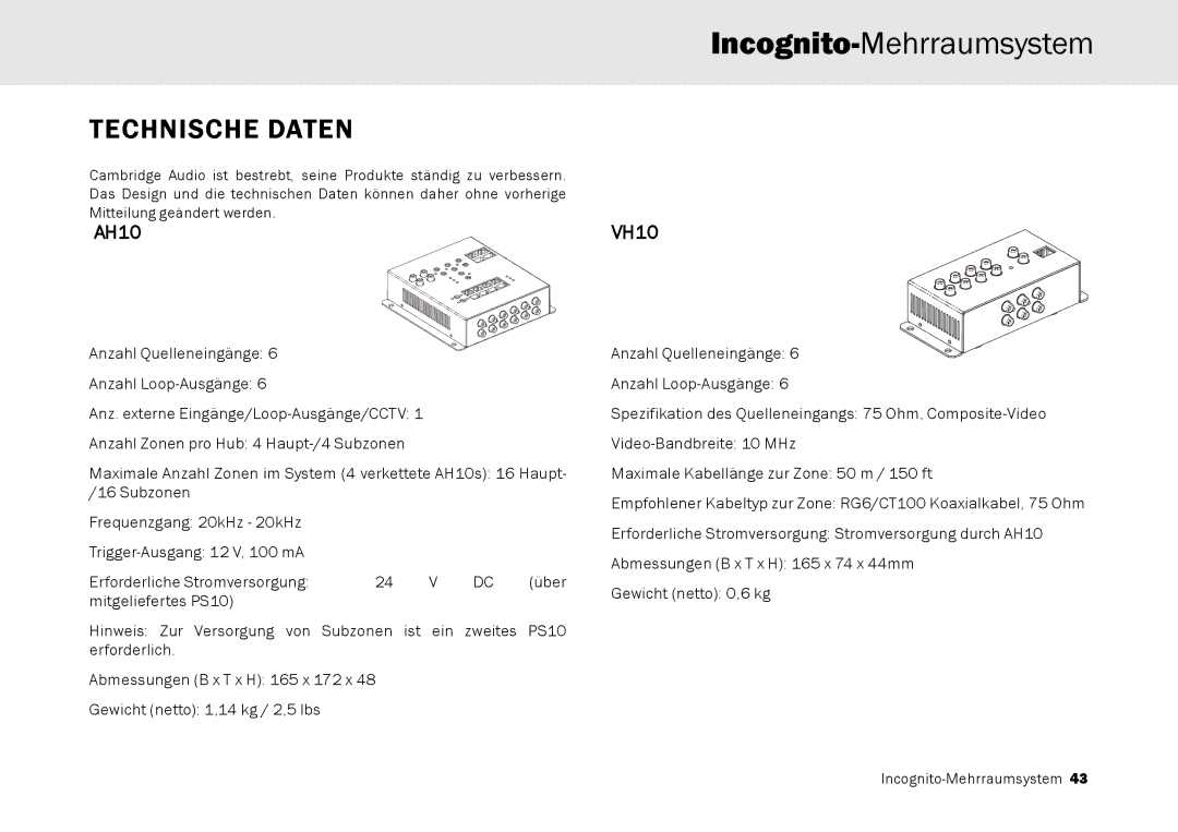 Cambridge Audio Multi-room speaker system manual Technische Daten, VH10 