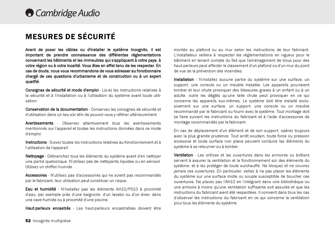 Cambridge Audio Multi-room speaker system manual Mesures DE Sécurité 