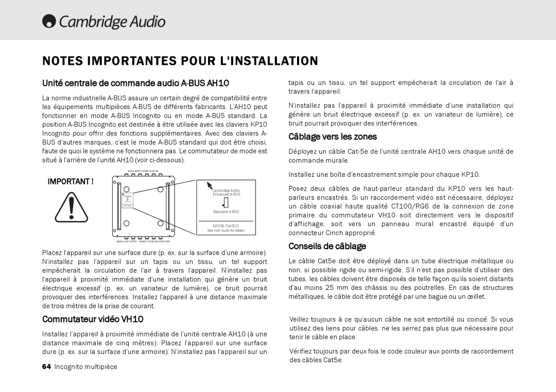 Cambridge Audio Multi-room speaker system manual Câblage vers les zones, Conseils de câblage 