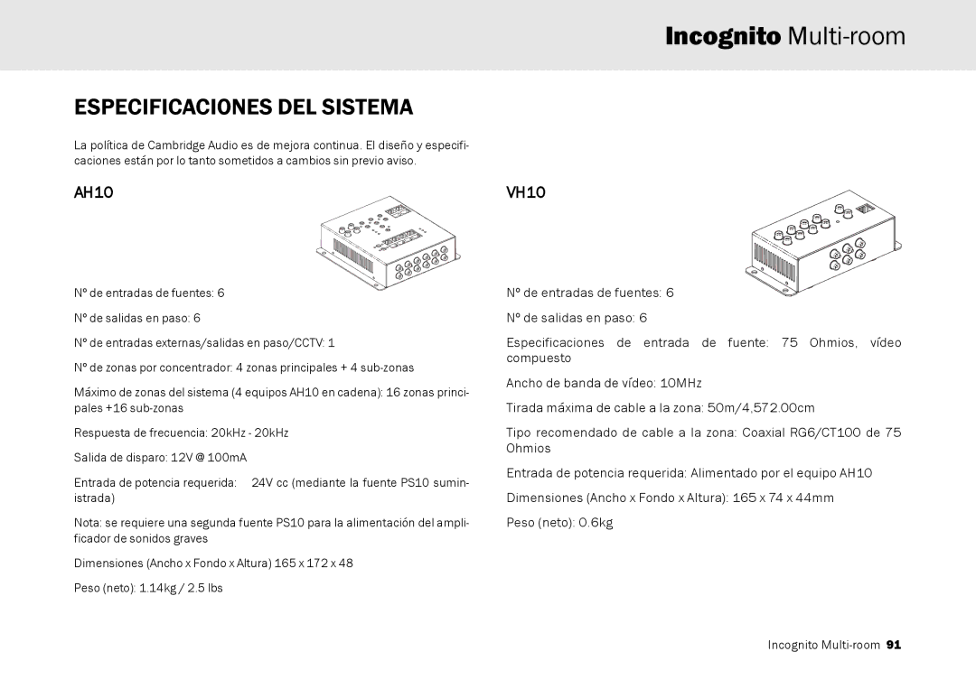 Cambridge Audio Multi-room speaker system manual Especificaciones DEL Sistema, AH10 