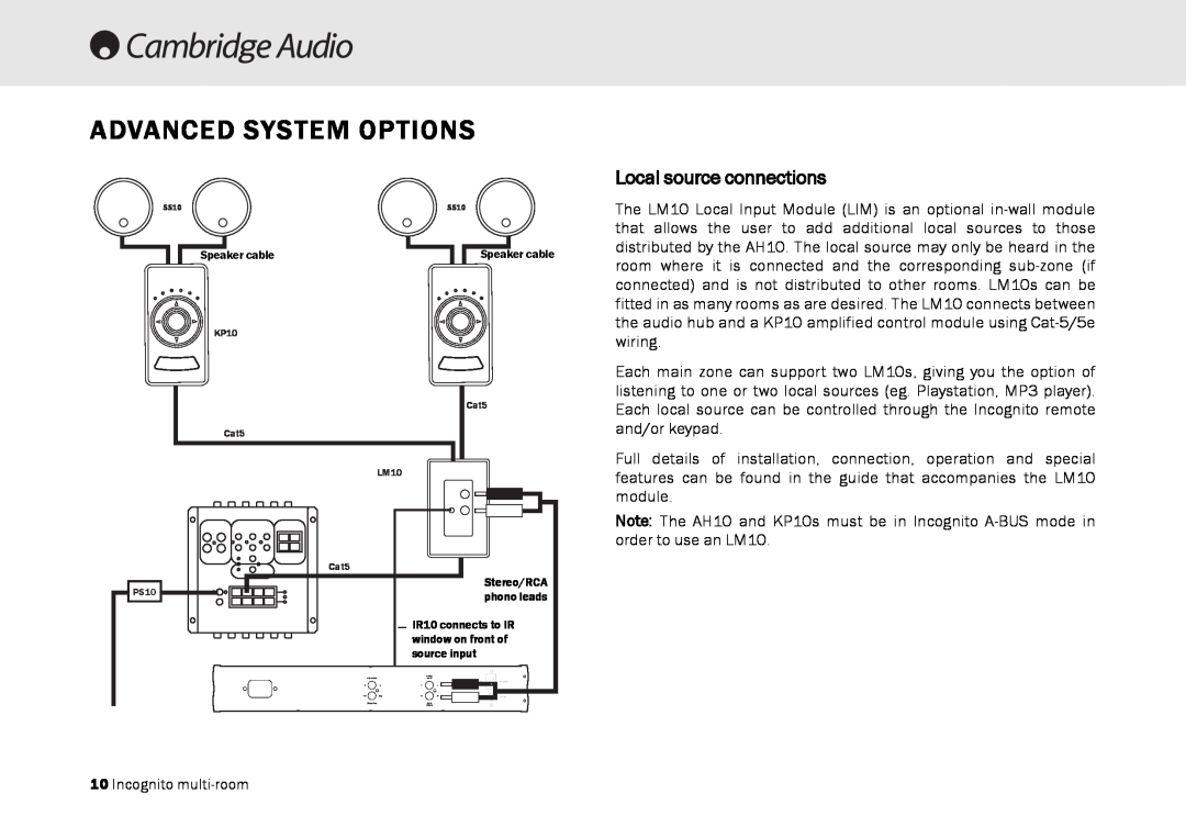Cambridge Audio Multi-room speaker system manual Advanced System Options, Local source connections 