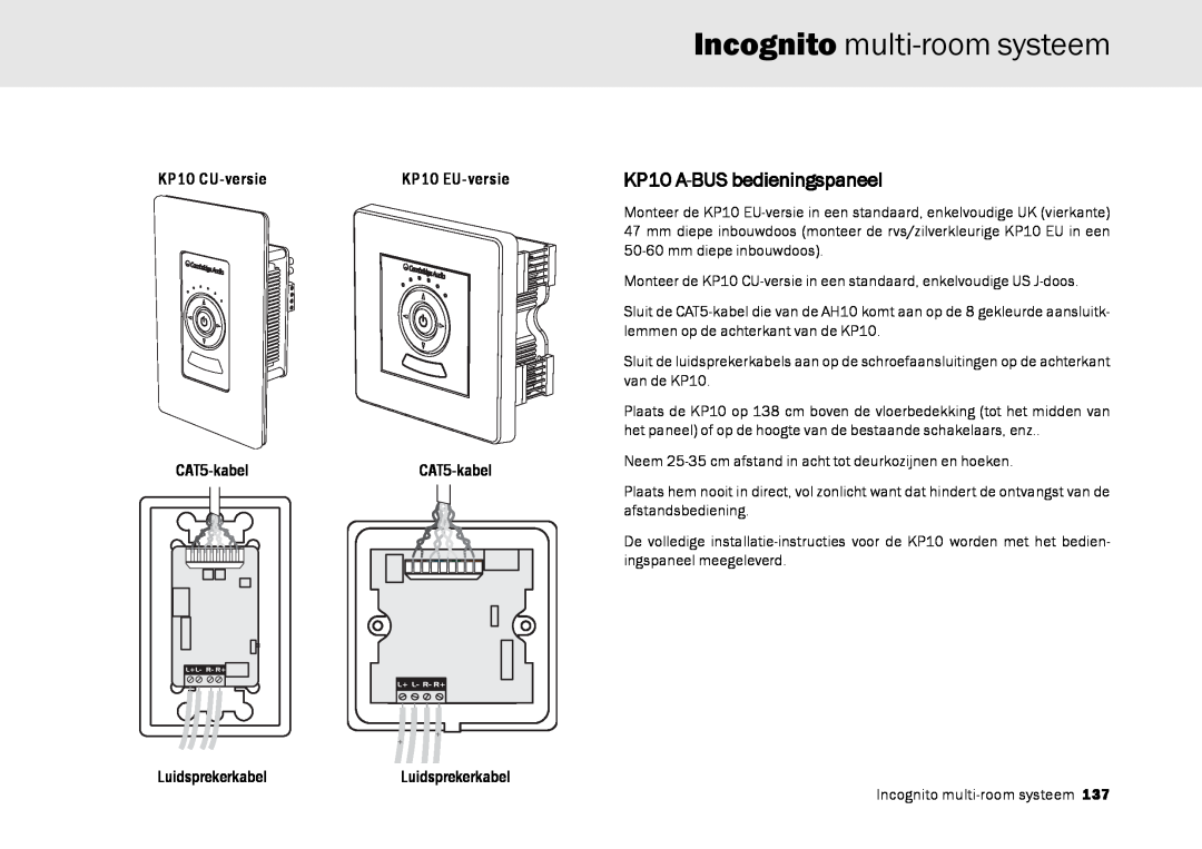 Cambridge Audio Multi-room speaker system manual Incognito multi-roomsysteem, KP10 A-BUS bedieningspaneel, KP10 CU-versie 