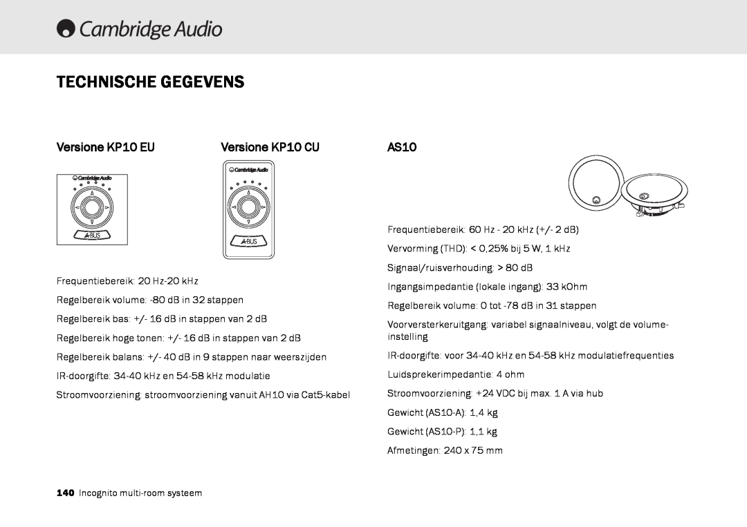 Cambridge Audio Multi-room speaker system manual Technische Gegevens, Versione KP10 EU, Versione KP10 CU, AS10 
