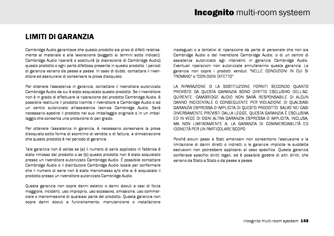 Cambridge Audio Multi-room speaker system manual Incognito multi-roomsysteem, Limiti Di Garanzia 