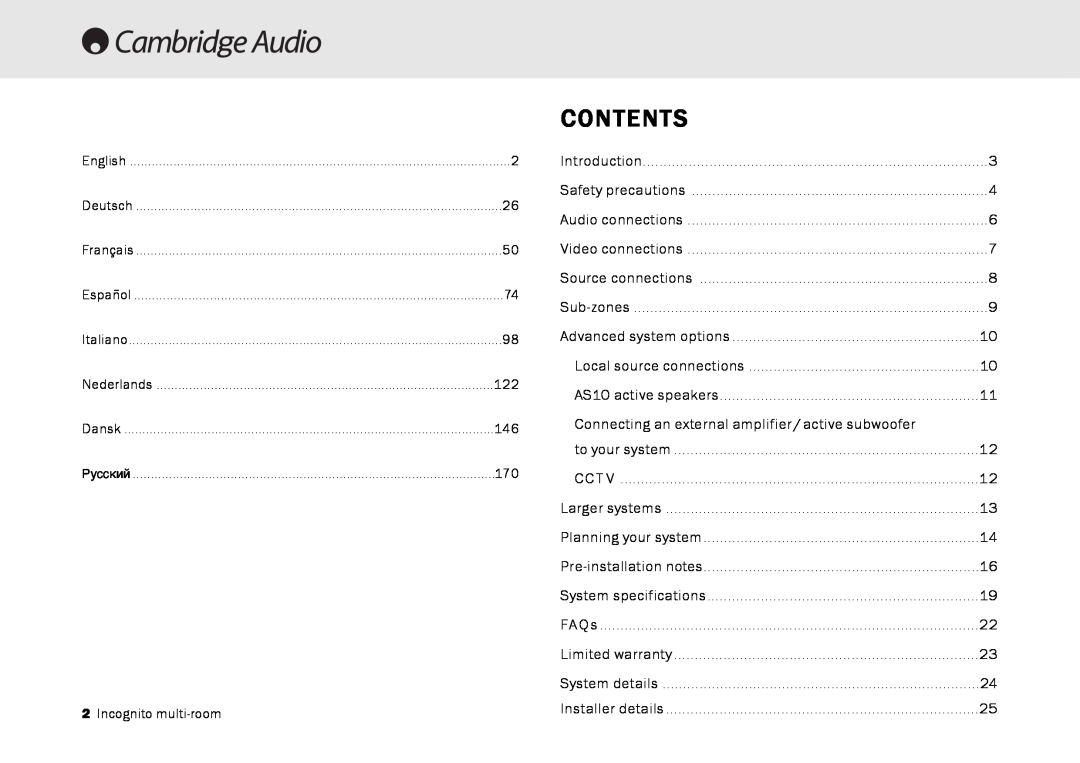 Cambridge Audio Multi-room speaker system manual Contents 