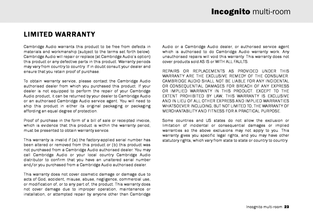 Cambridge Audio Multi-room speaker system manual Limited Warranty, Incognito multi-room 