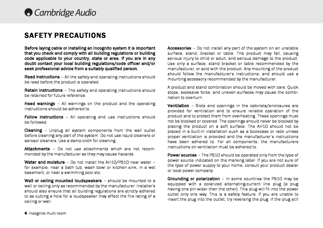 Cambridge Audio Multi-room speaker system manual Safety Precautions 