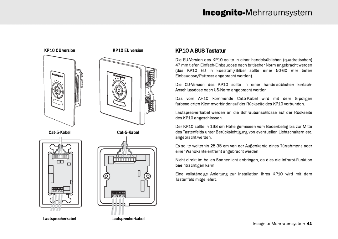 Cambridge Audio Multi-room speaker system manual Incognito-Mehrraumsystem, KP10-A-BUS-Tastatur, KP10 CU version 