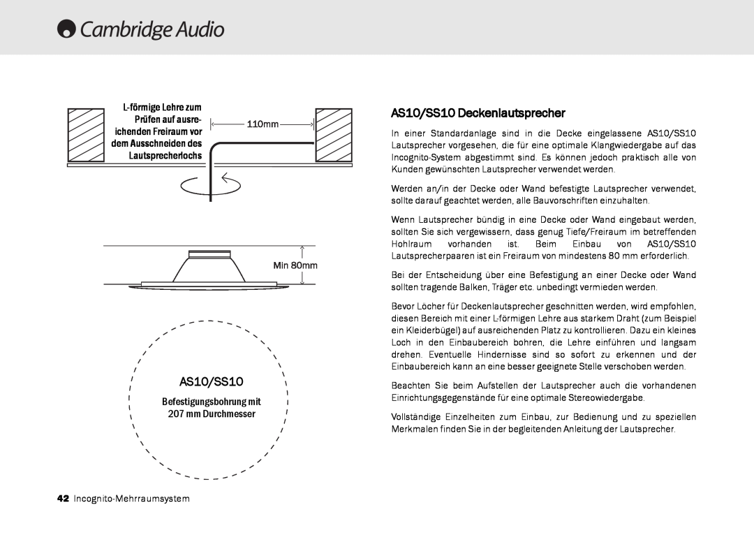 Cambridge Audio Multi-room speaker system manual AS10/SS10 Deckenlautsprecher, Befestigungsbohrung mit 207 mm Durchmesser 