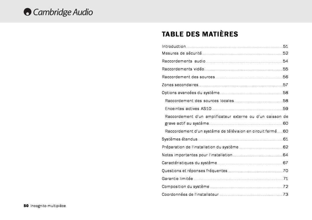 Cambridge Audio Multi-room speaker system manual Table Des Matières 