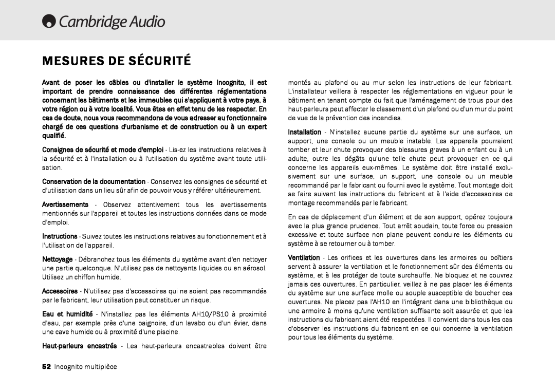 Cambridge Audio Multi-room speaker system manual Mesures De Sécurité 