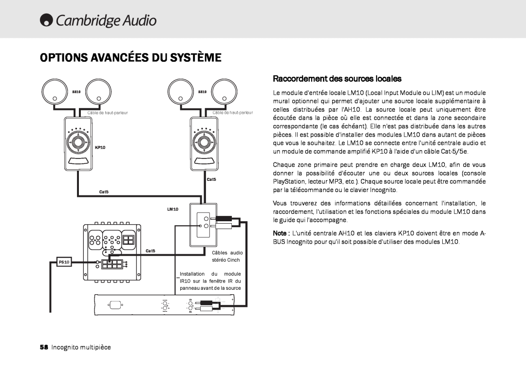 Cambridge Audio Multi-room speaker system manual Options Avancées Du Système, Raccordement des sources locales 