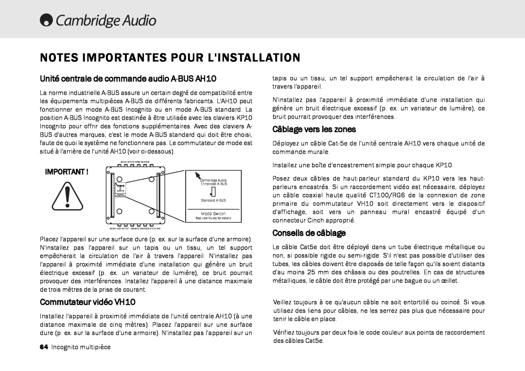 Cambridge Audio Multi-room speaker system manual Notes Importantes Pour Linstallation, Câblage vers les zones 