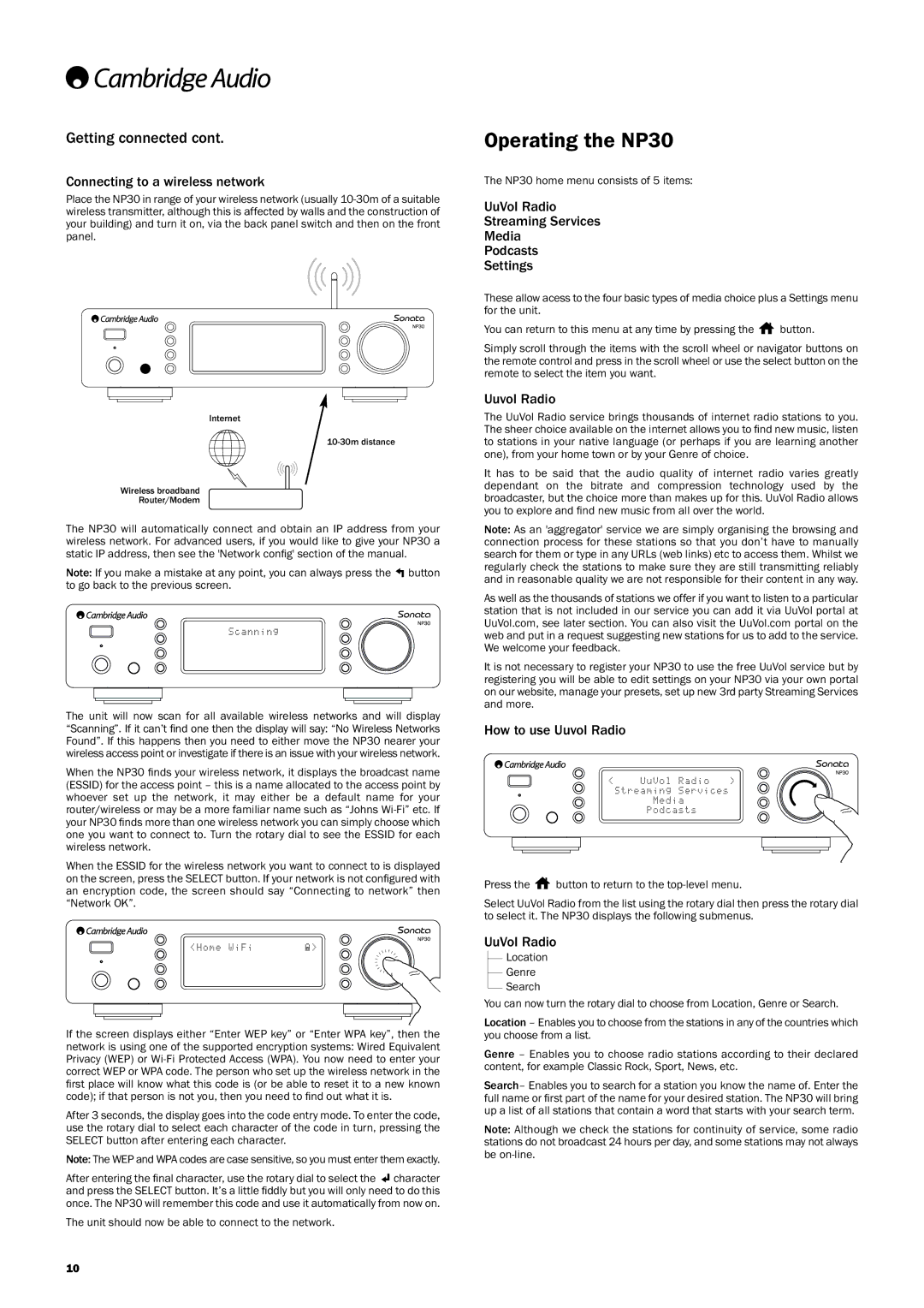 Cambridge Audio user manual OperatingtheNP30, Gettingconnectedcont 