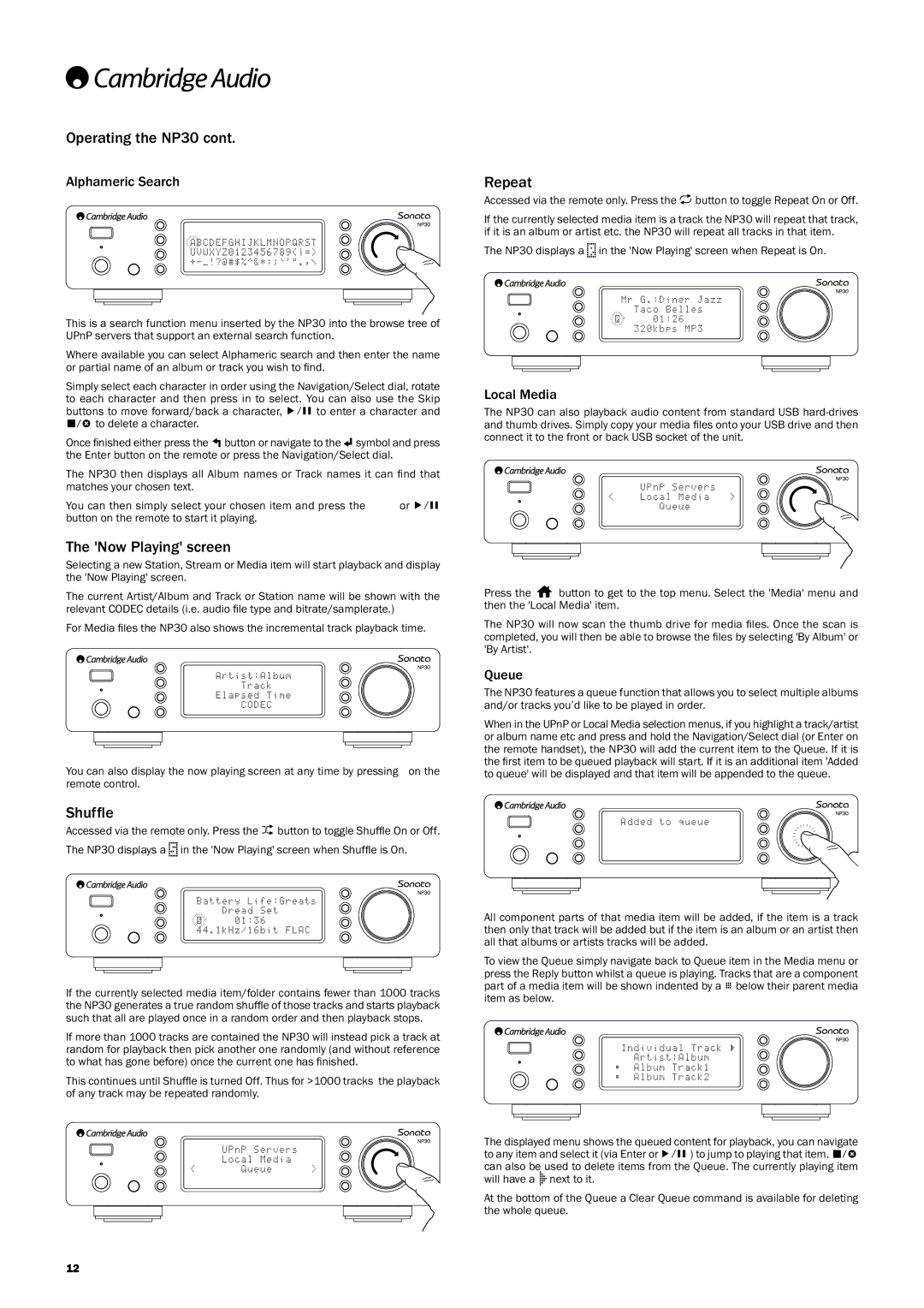 Cambridge Audio user manual OperatingtheNP30cont, TheNowPlayingscreen, Shuffle, Repeat 